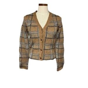 MARNI Mohair Wool Cardigan Sweater Italy Women's Size 40 Plaid Tan Silver GUC